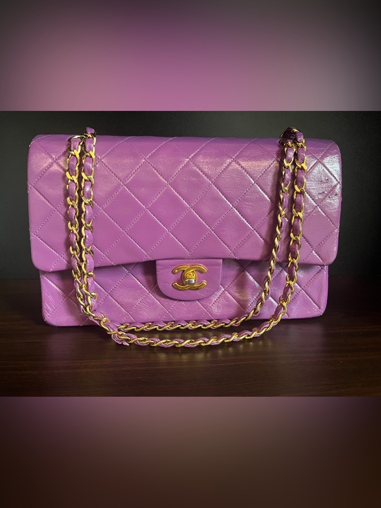 CHANEL Handbags - CHANEL Quilted Lambskin Shoulder Bag in Vibrant Purple 24KT Gold plated Chain